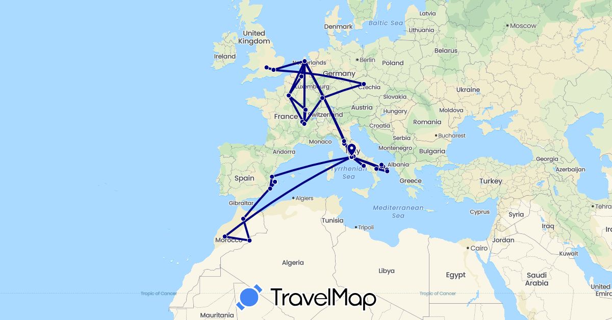 TravelMap itinerary: driving in Belgium, Czech Republic, Spain, France, United Kingdom, Italy, Morocco, Netherlands (Africa, Europe)